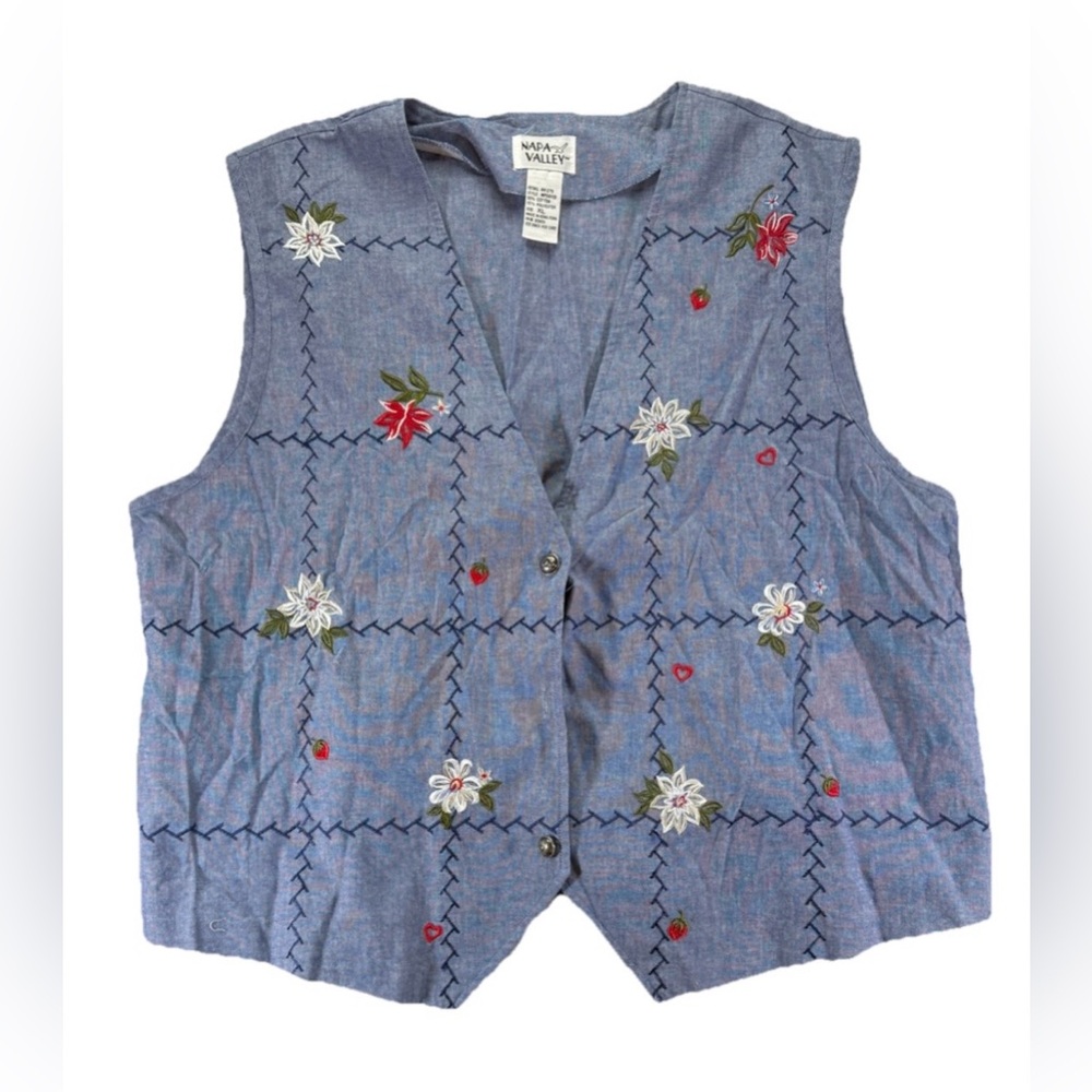 Vintage Napa Valley Embroidered Flower Vest Women's XL Blue Grandma 90s Fruit